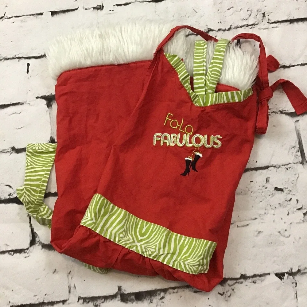 Holiday Christmas Apron Fa-La Fabulous Kristen Levis Design‎ Red Green Fur Trim